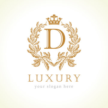 Luxury D letter and crown monogram logo. Laurel elegant beautiful round identity with crown and wreath. Vector letter emblem D for Antique, Restaurant, Cafe, Boutique, Hotel, Heraldic, Jewelry