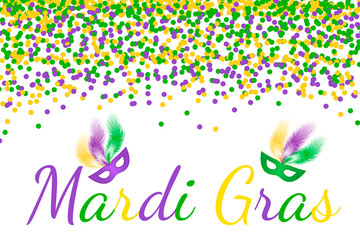 Mardi Gras carnival vector background with green, purple and yellow confetti. Easy to edit design template for your projects.
