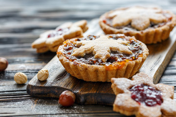 Tartlets with dried fruits, orange jam and nuts.