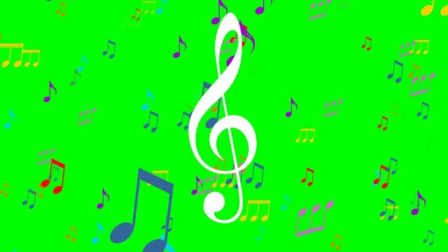 Colored music animation on green screen. Flying colorful music notes, white treble clef symbol floats in the foreground