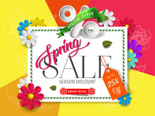 Spring sale up to 25% off background with beautiful colorful flower. Vector illustration. Wallpaper. flyers, posters, brochure, voucher discount. Spring sale banner for online shopping.