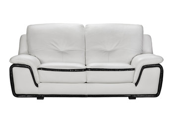 Cozy sofa in gray leather, studio shot on  white background.