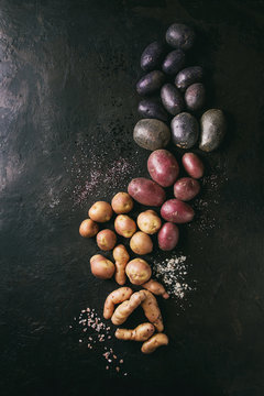 Variety of raw uncooked organic potatoes different kind and colors red, yellow, purple with various of salt over dark texture background. Top view, space