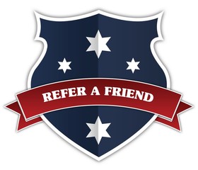 Blue shield and red ribbon with REFER A FRIEND text.