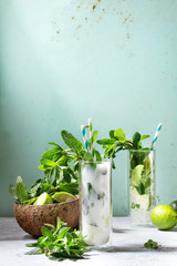 Two glasses of classic and coconut milk mojito cocktail with fresh mint, limes, crushed ice, retro cocktail tubes with ingredients above. Pin up style, sunlight, green background.