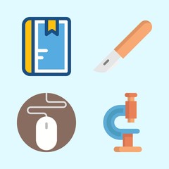 Icons about Science with mouse, notebook, microscope and scalpel