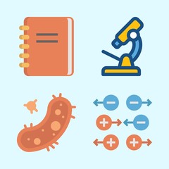 Icons about Science with gravity, microscope, bacteria and notebook