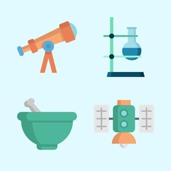 Icons about Science with mortar, telescope, satellite and flask