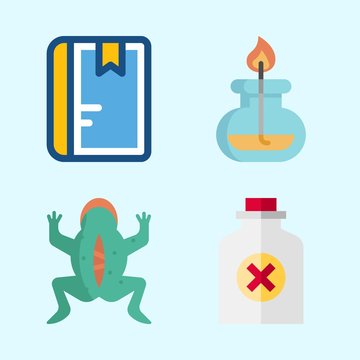 Icons about Science with notebook, poison, burner and vivisection