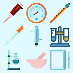 Icons set about Laboratory with condenser, test tube, velocity, thermometer, lab and surgery