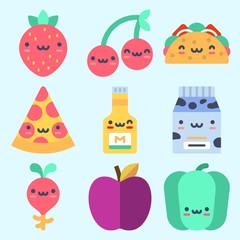 Icons set about Food with taco, apple, radish, milk, pizza and mustard
