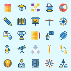 Icons set about School And Education with mortarboard, network, user, presentation, idea and tie