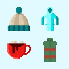 Icons set about Winter with rain coat, vest, winter hat and hot chocolate