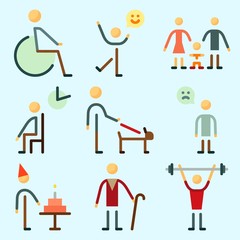 Icons set about Human with sportsman, sad man, family, bodybuilder, child and waiting room
