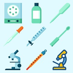 Icons set about Laboratory with kipp's apparatus, microscope, measuring, lab, ladle and thermometer