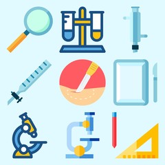 Icons set about Laboratory with surgery, measuring, test tube, kipp's apparatus, condenser and microscope