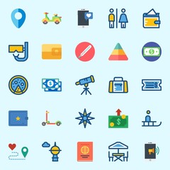 Icons set about Travel with snorkel, smartphone, telescope, windrose, money and thermometer