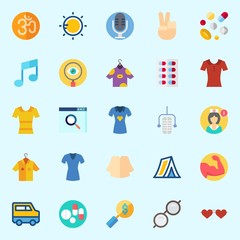 Icons set about Hippies with note, sun, muscle, search, nurse and sunglasses