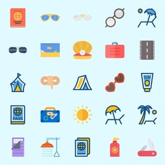 Icons set about Beach And Camping with sun protection, sun, road, bathing, pearl and knife