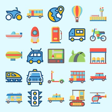 Icons set about Transportation with rocket, location, car, road, bus and taxi