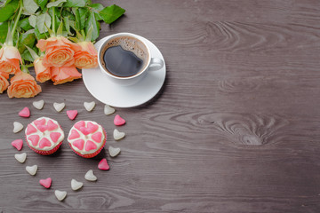 Fototapeta na wymiar muffins festive,baking for Valentine's Day,The 14th of February,muffins for holidays,muffins for Valentine's Day,muffins with the symbolism of the heart,homemade baking,muffins decorated,muffins with 