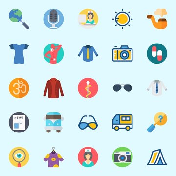 Icons set about Hippies with newspaper, nurse, om, sun, sunglasses and photo camera