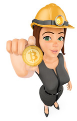 3D Business woman mining a cryptocurrency bitcoin