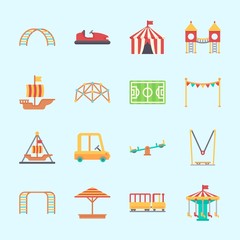 Icons about Amusement Park with playground, sunshade, toy car, pirate ship ride , carousel and climbing