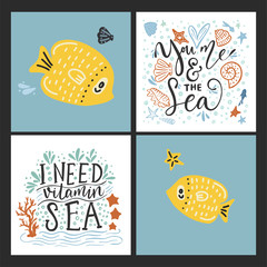 Vector sea cards set with handdrawn sea animals and ornate lettering pieces.