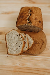 Time to eat. Close-up of sliced banana bread on a desk in the kitchen. Tasty food. Delicious eats. Healthy life