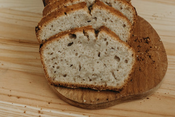 Time to eat. Close-up of sliced banana bread on a desk in the kitchen. Tasty food. Delicious eats. Healthy life