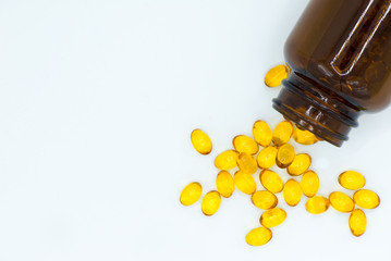 Bottle of capsules cod liver oil supplement nutrition.
