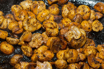 cooked small fried champignons halves in spices and oil on a dark background appetizing base design