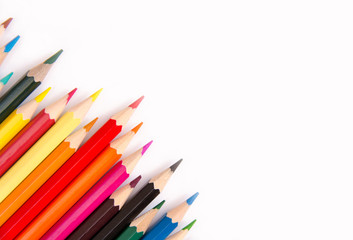 Pencils colorful set, wooden colored pencils isolated on white background, copy space