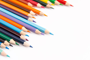 Pencils colorful set, wooden colored pencils isolated on white background, copy space