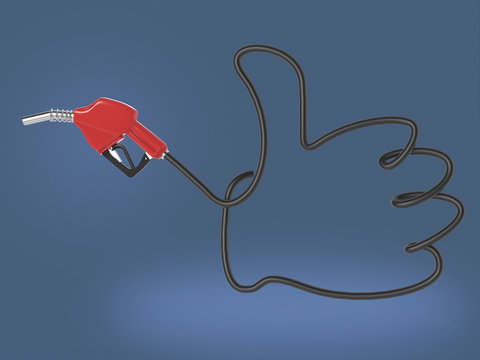 Automotive refueling gun. Car fuel nozzle and the hose in  shape thumbs up like. Isolated render