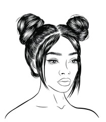 Cute girl with double hair buns and long silky hair.Close up look, closed eye with long eyelashes and full shaped eyebrows, perfect lips shape.Hand-drawn idea for business visit card typography vector