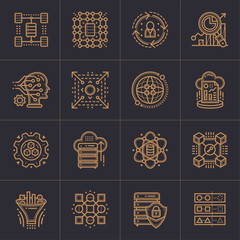 Linear icon set of Data science technology and machine learning process. Material design icon...