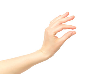 Female hand isolated at white background making picking gesture.
