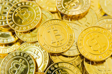 Golden bitcoin coins background, Digital currency, Crypto currency golden coin