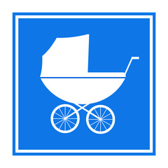 vector illustration of a sign of a baby carriage on a blue background