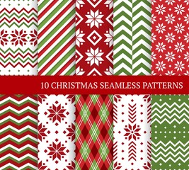 Ten Christmas different seamless patterns. Xmas endless texture for wallpaper, web page background, wrapping paper and etc. Retro style. Snowflakes, zigzag, color lines and Nordic motifs