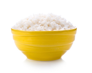 rice in yellow bowl on white background