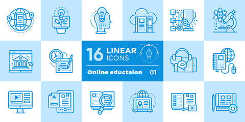 Linear icon set of Online education and e-learning. Material design icon suitable for print,...