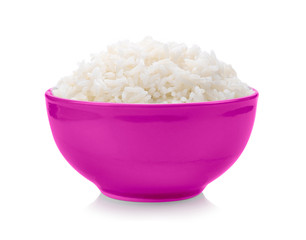 rice in pink bowl on white background
