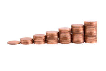 Stacks of copper coins isolated on white background with clipping path