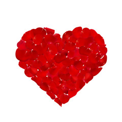 Fototapeta na wymiar Lot of red rose petals. The shape of a heart. Valentine s day. Greeting card Vector illustration.