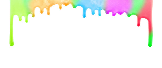 Rainbow multicolor colorful pouring paint drops. Glossy nail polish drips isolated