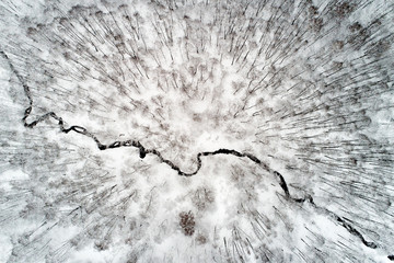 The river flows in winter through a park with trees on which lies snow.