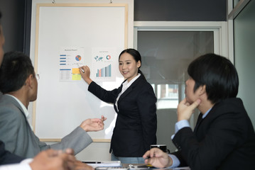 businesswoman present financial plan report to co worker team. woman leader  discuss sales data with investor colleagues. finance investment business meeting